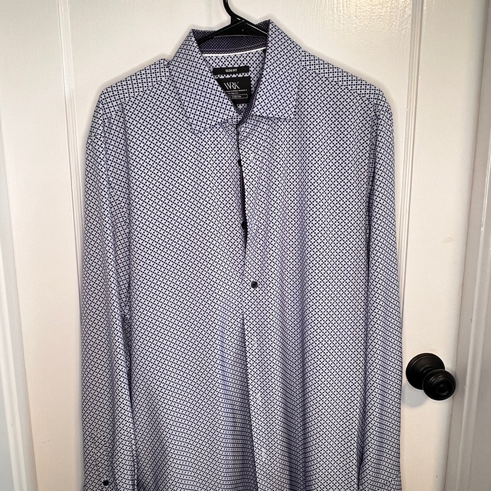 WRK by Van Heusen Men's White Dress Shirt with Navy Geometric Print